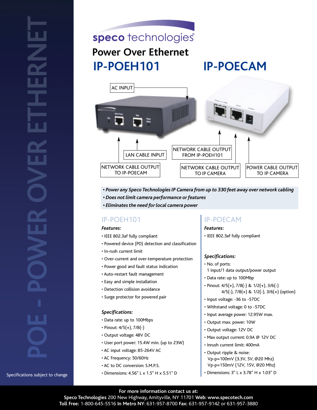 Speco Technologies specifications IP-POEH101 IP-POECAM, Power Over Ethernet, Ip-Poecam, Ac Input, To Ip Camera 