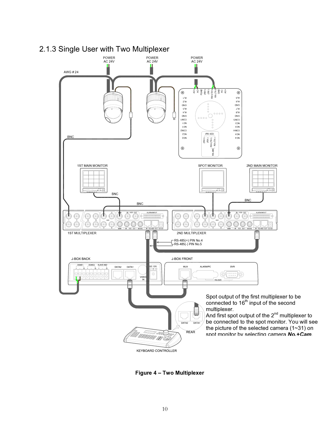 Speco Technologies KBD-927 instruction manual Single User with Two Multiplexer, BNC 1ST Main Monitor 