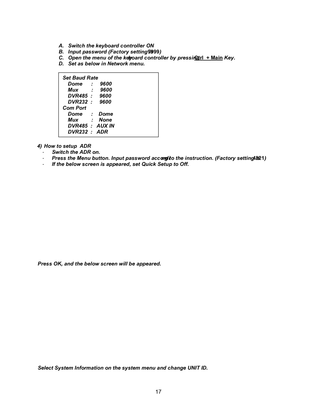 Speco Technologies KBD-927 instruction manual Aux, Adr 