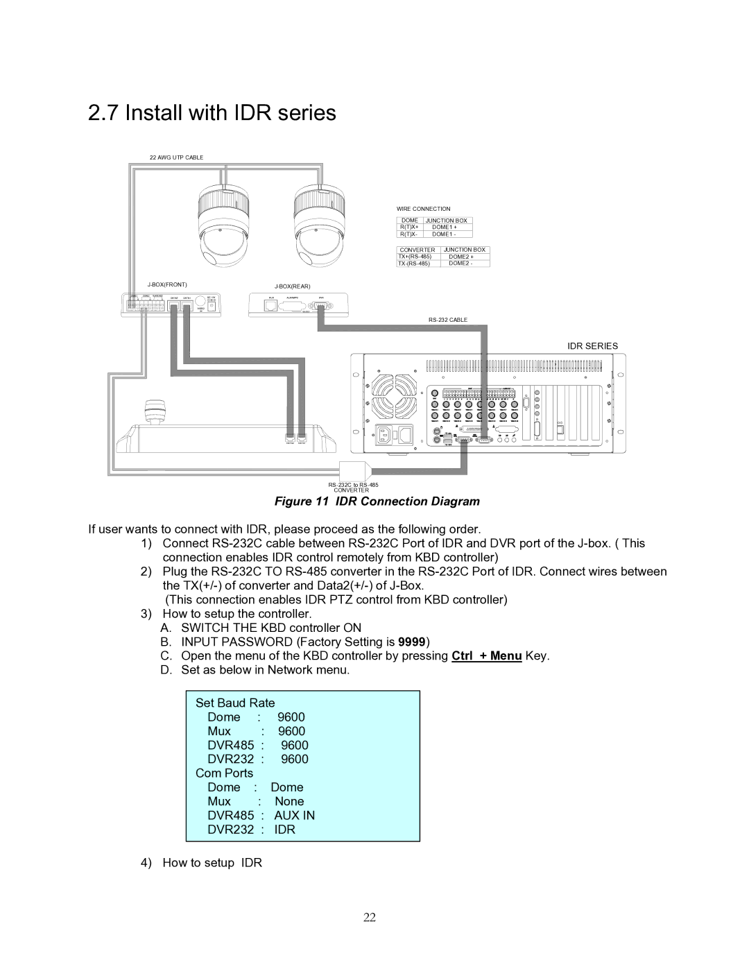 Speco Technologies KBD-927 instruction manual Install with IDR series, DVR485 AUX 