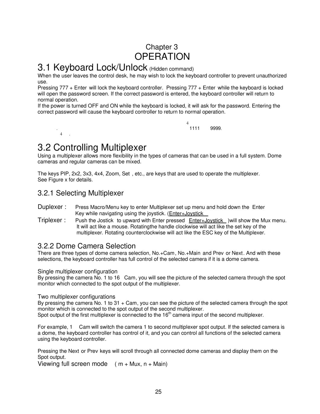 Speco Technologies KBD-927 Keyboard Lock/Unlock Hidden command, Controlling Multiplexer, Selecting Multiplexer 