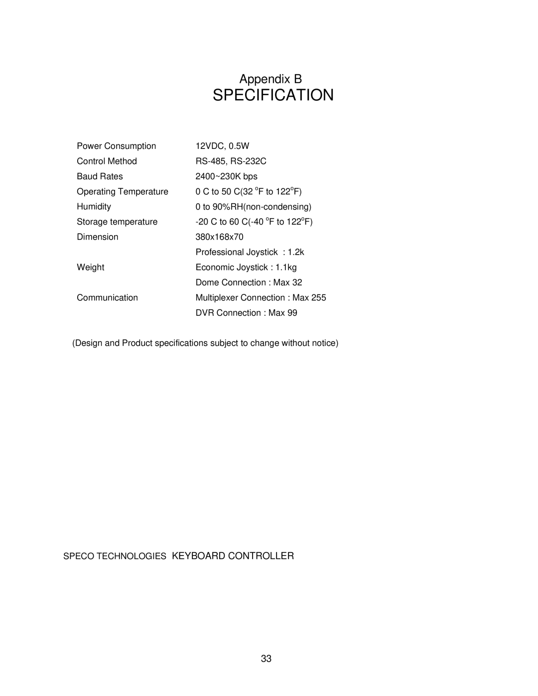 Speco Technologies KBD-927 instruction manual Specification 