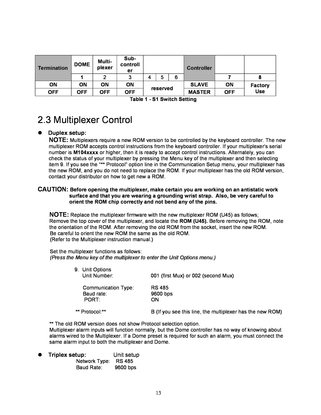 Speco Technologies KBD-927 instruction manual Multiplexer Control, Duplex setup, Triplex setup 