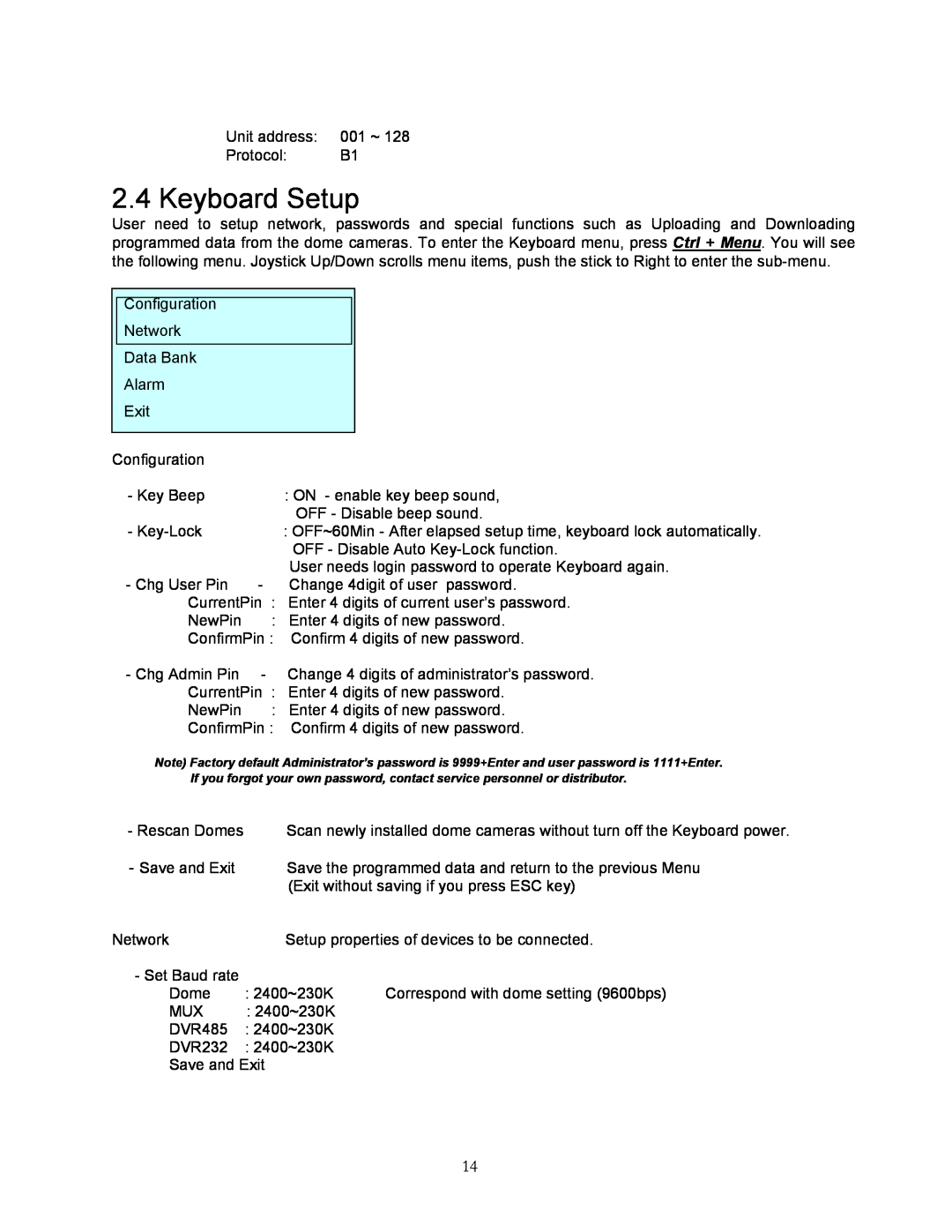 Speco Technologies KBD-927 instruction manual Keyboard Setup 