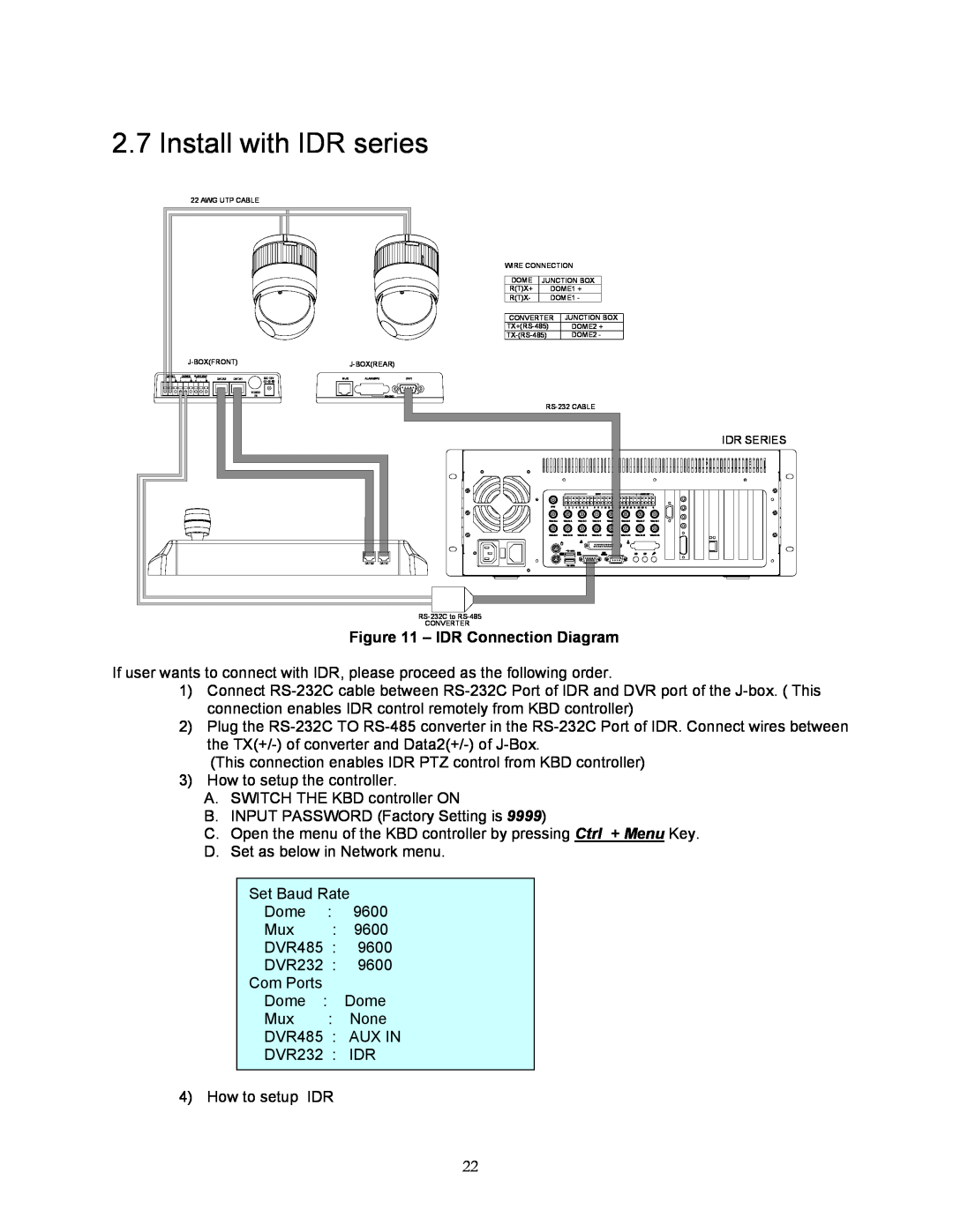 Speco Technologies KBD-927 instruction manual Install with IDR series, IDR Connection Diagram 