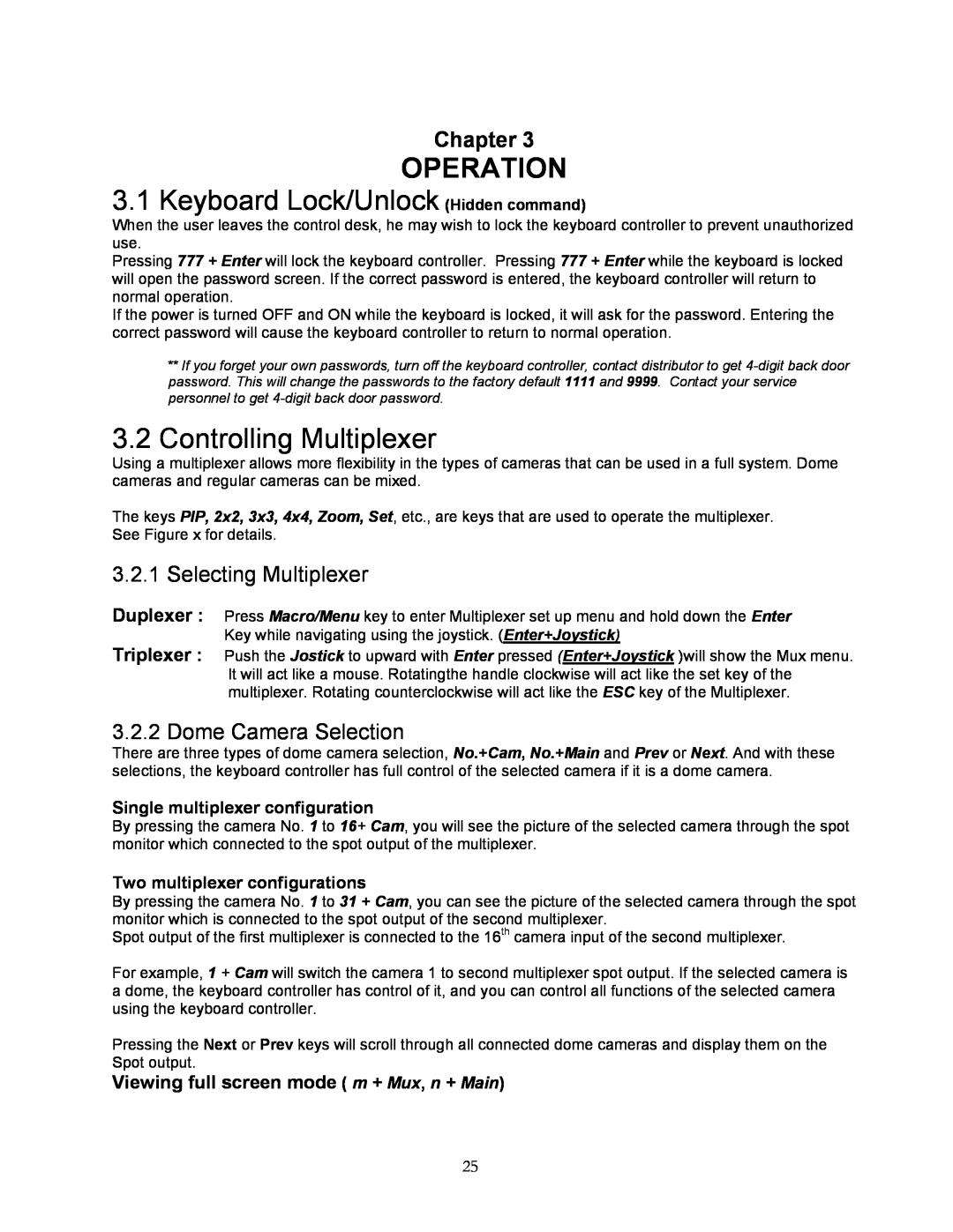 Speco Technologies KBD-927 Operation, Keyboard Lock/Unlock Hidden command, Controlling Multiplexer, Selecting Multiplexer 