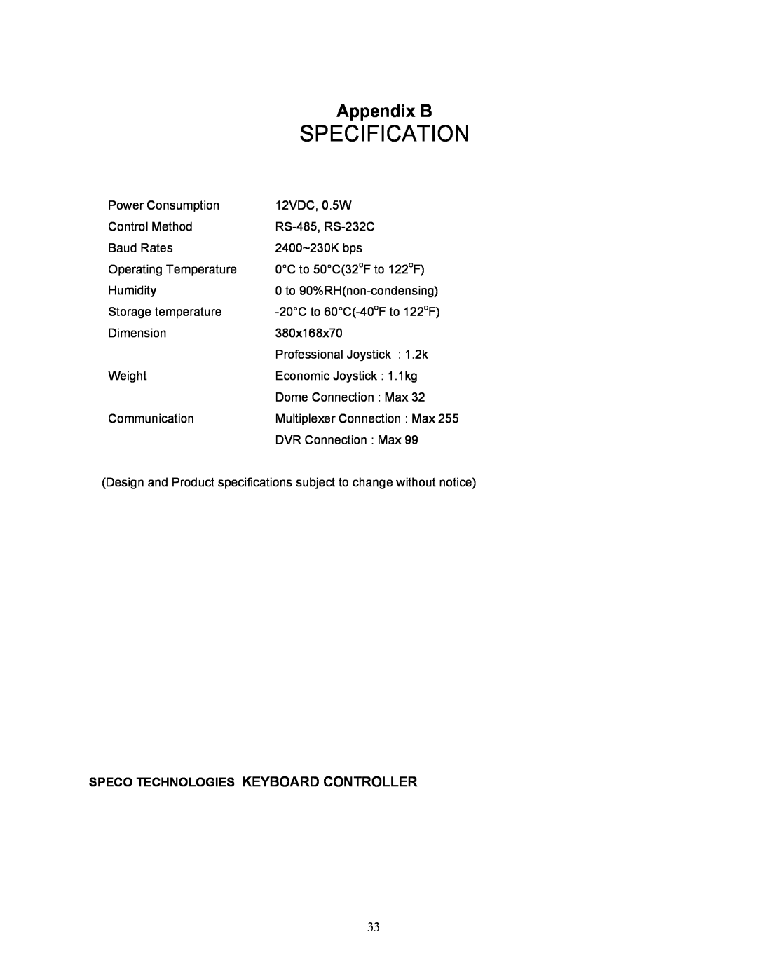 Speco Technologies KBD-927 instruction manual Specification, Appendix B 