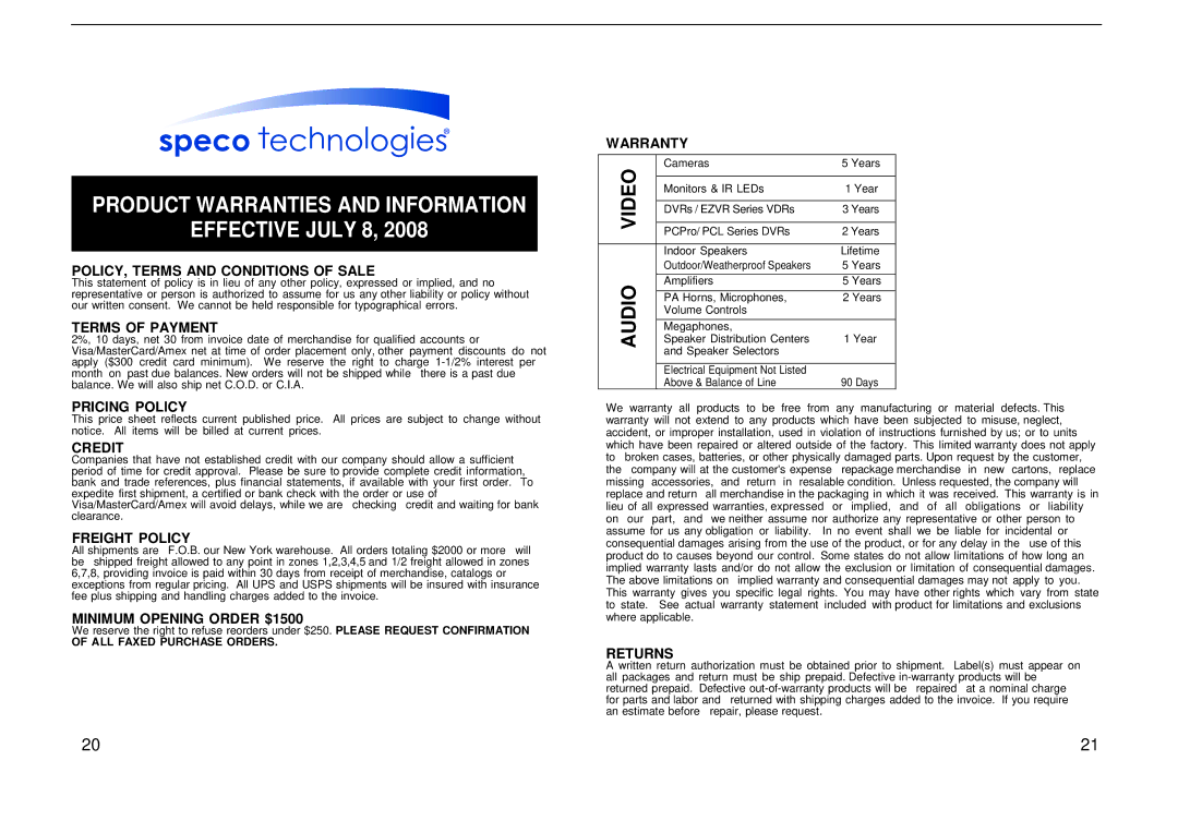 Speco Technologies M19LCBVH3, M17LCBVH3 user manual Product Warranties and Information Effective July 8 