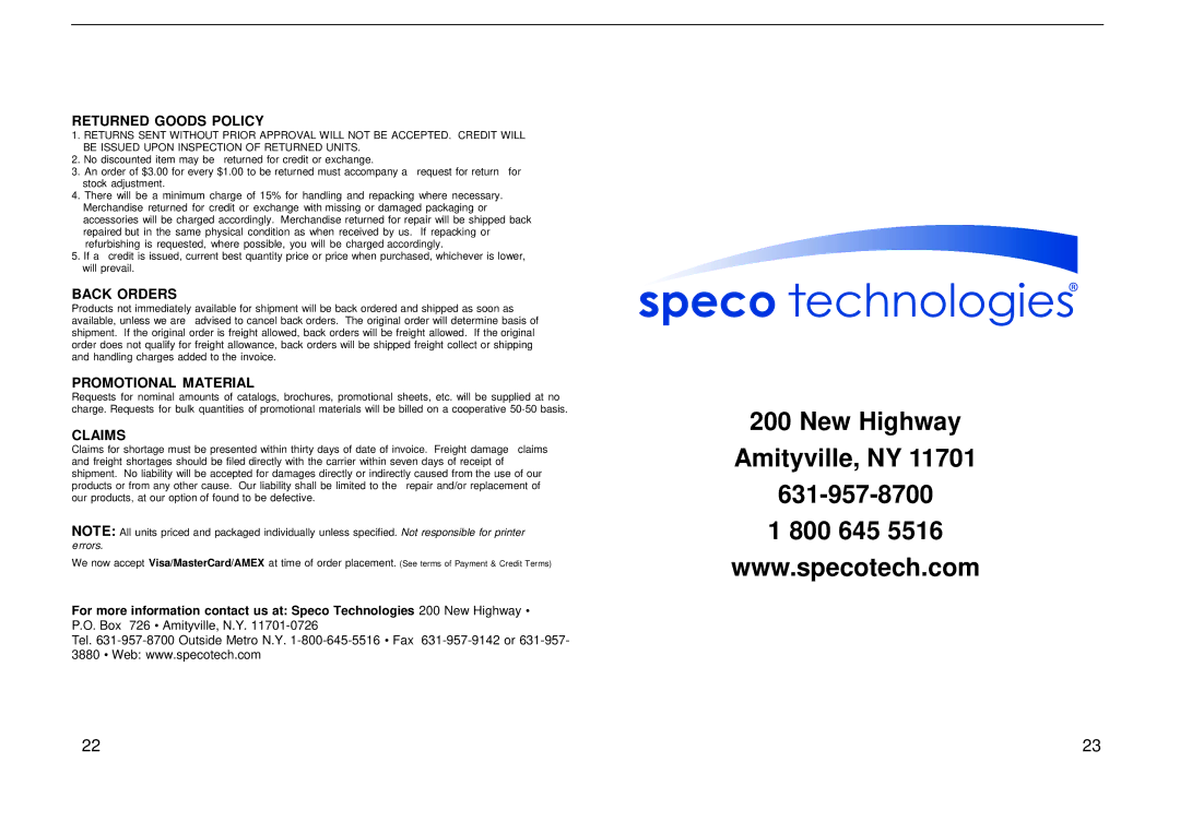 Speco Technologies M17LCBVH3, M19LCBVH3 user manual New Highway Amityville, NY 800 645 