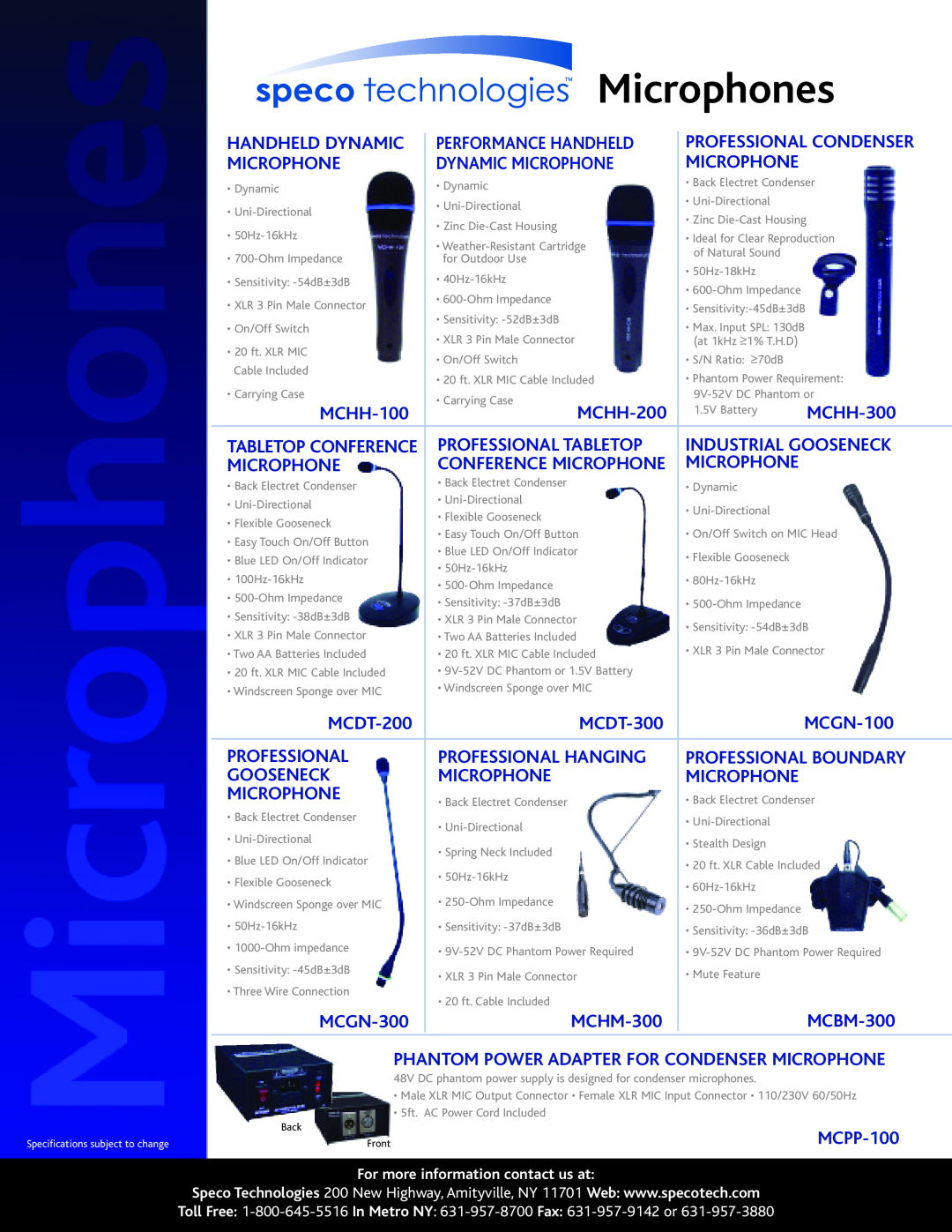 Speco Technologies MCHM-300 specifications Microphones, Handheld Dynamic, Performance Handheld, Professional Condenser 