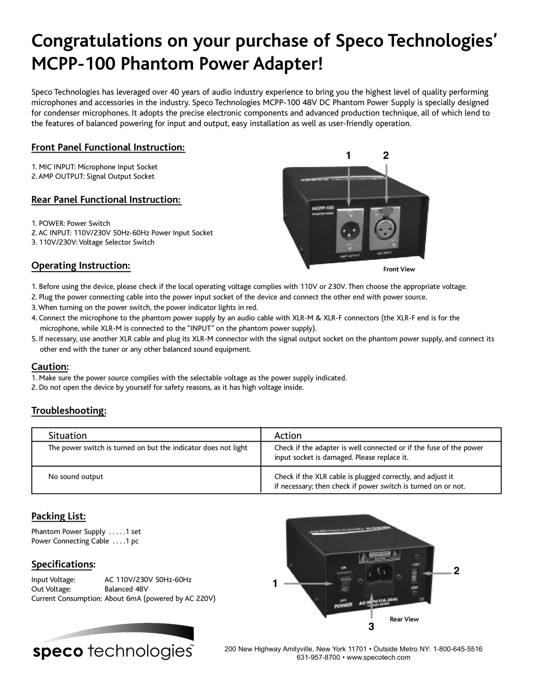 Speco Technologies MCPP-100 specifications Front Panel Functional Instruction, Rear Panel Functional Instruction, Action 