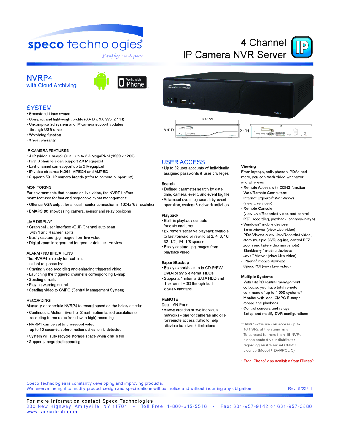 Speco Technologies NVRP4 warranty System, User Access 