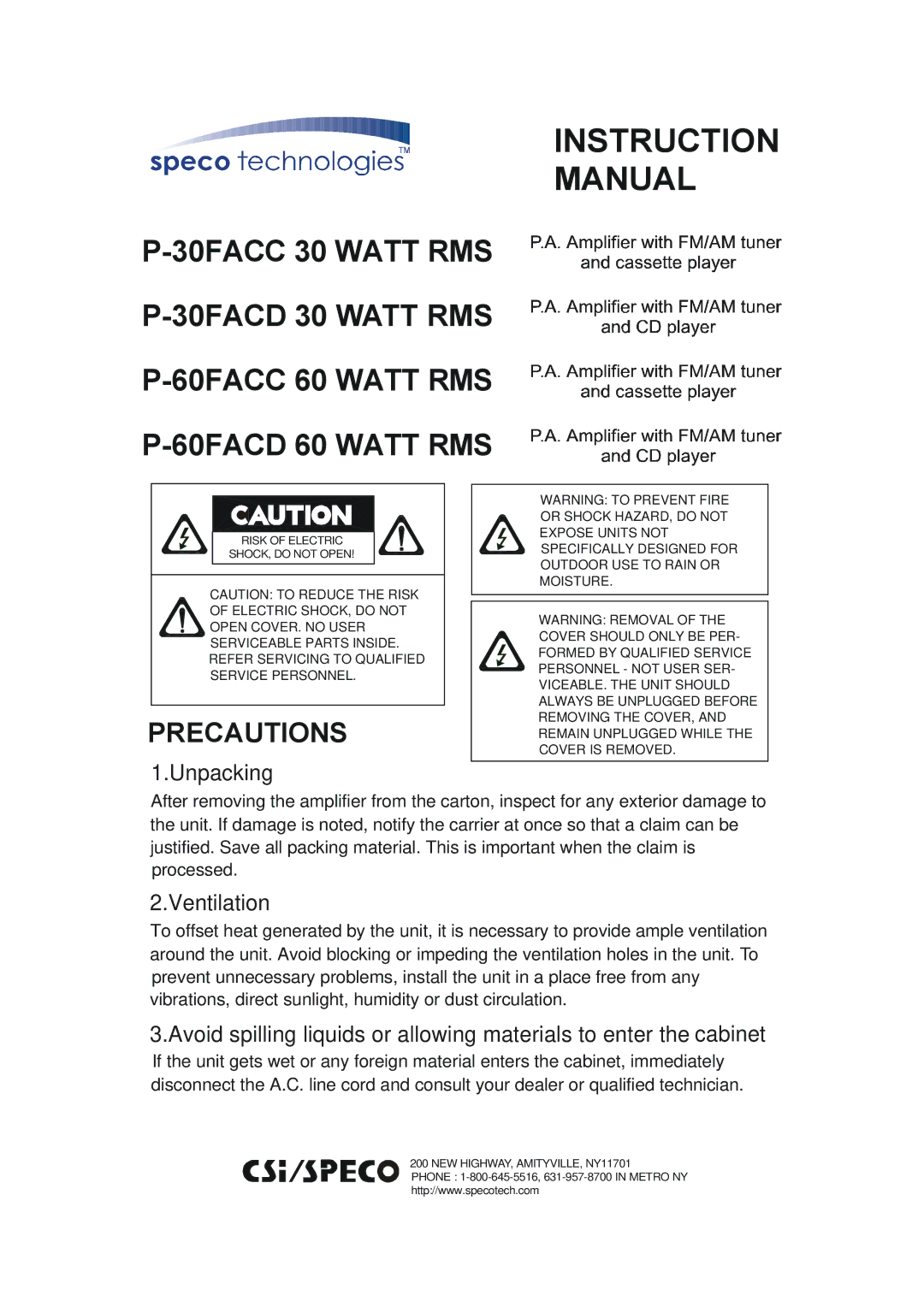 Speco Technologies P-30FACC instruction manual Instruction Manual 