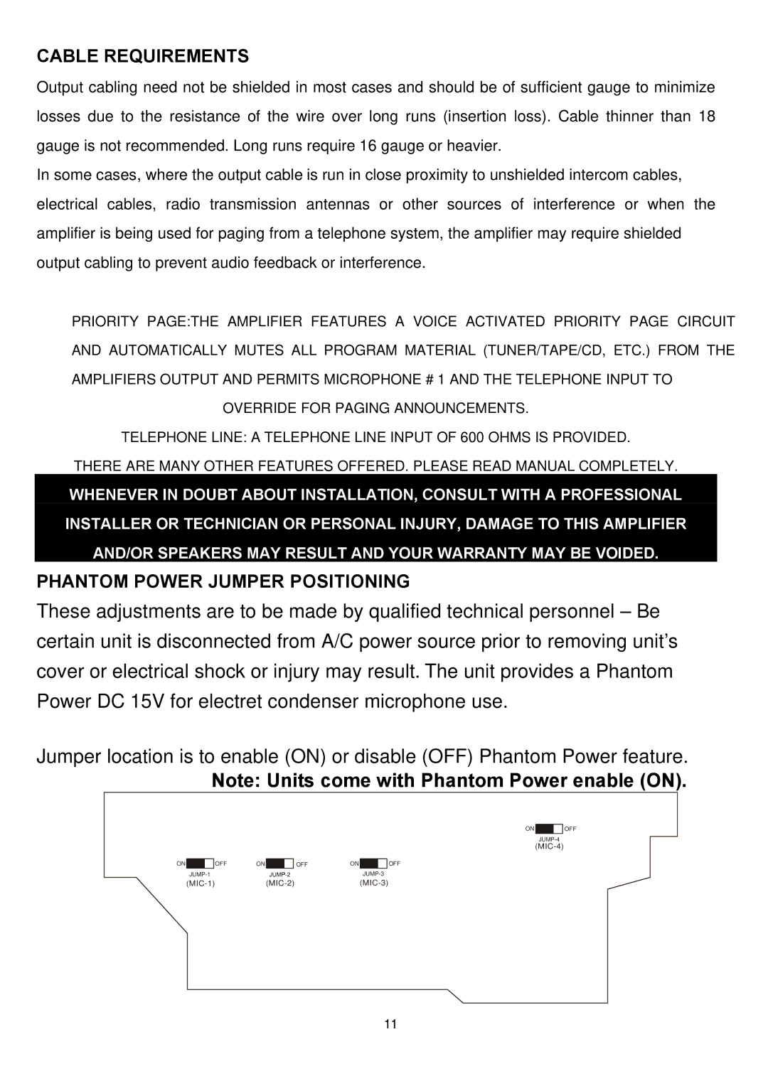 Speco Technologies P-30FACC instruction manual Cable Requirements, Phantom Power Jumper Positioning 