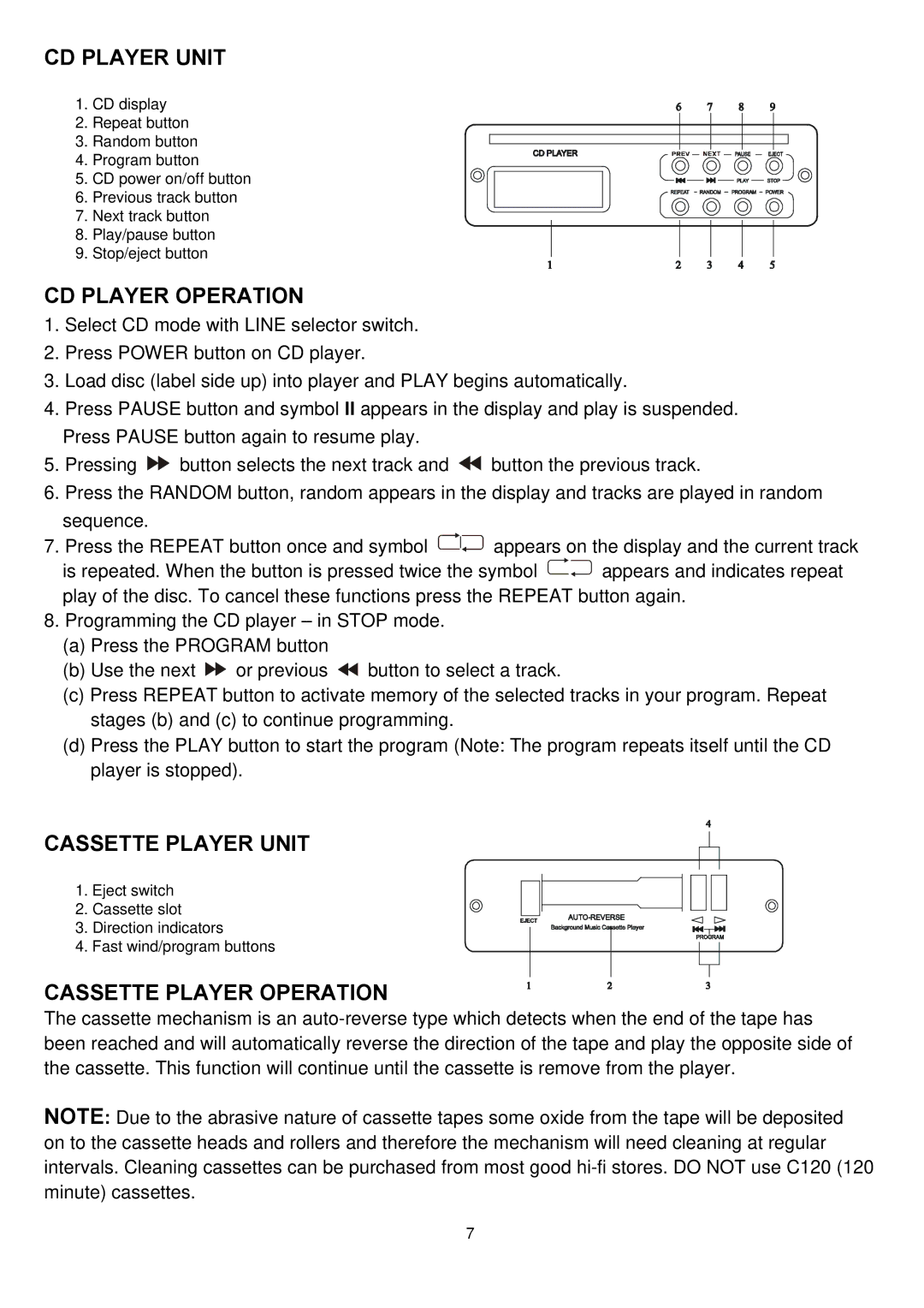 Speco Technologies P-30FACC CD Player Unit, CD Player Operation, Cassette Player Unit, Cassette Player Operation 