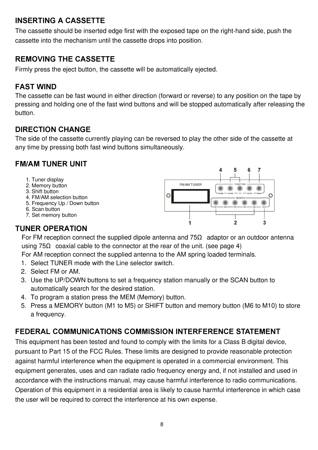 Speco Technologies P-30FACC Inserting a Cassette, Removing the Cassette, Fast Wind, Direction Change, FM/AM Tuner Unit 