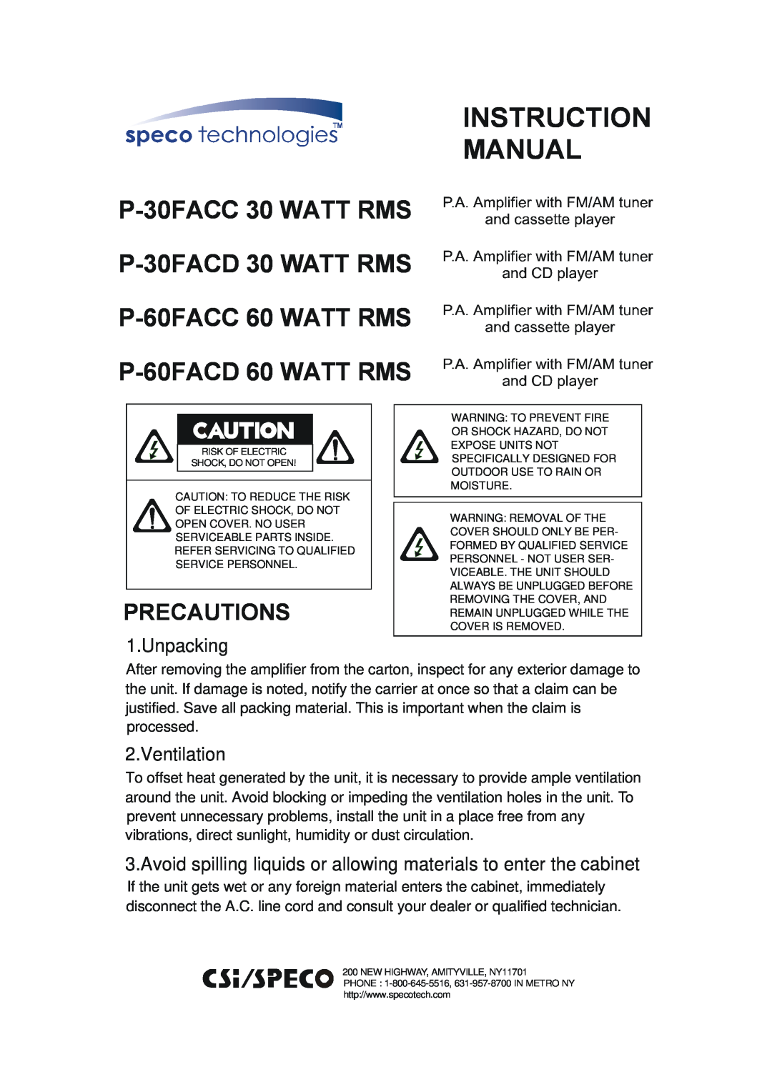 Speco Technologies instruction manual P-30FACC30 WATT RMS P-30FACD30 WATT RMS, P-60FACC60 WATT RMS P-60FACD60 WATT RMS 