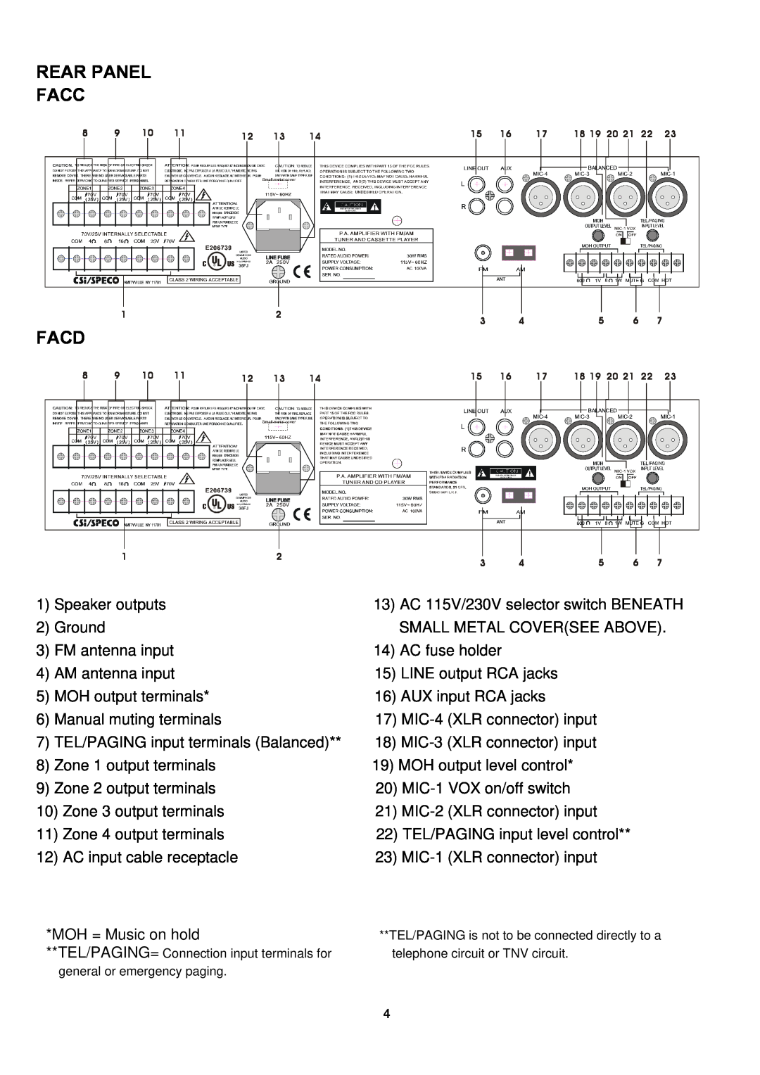 Speco Technologies P-30FACC instruction manual Rear Panel, Facc, Facd 