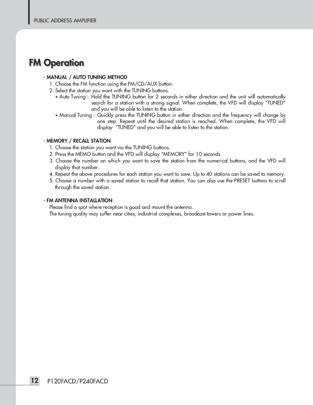 Speco Technologies P120FACD/P240FACD operation manual FM Operationti, Manual / Auto Tuning Method, Memory / Recall Station 