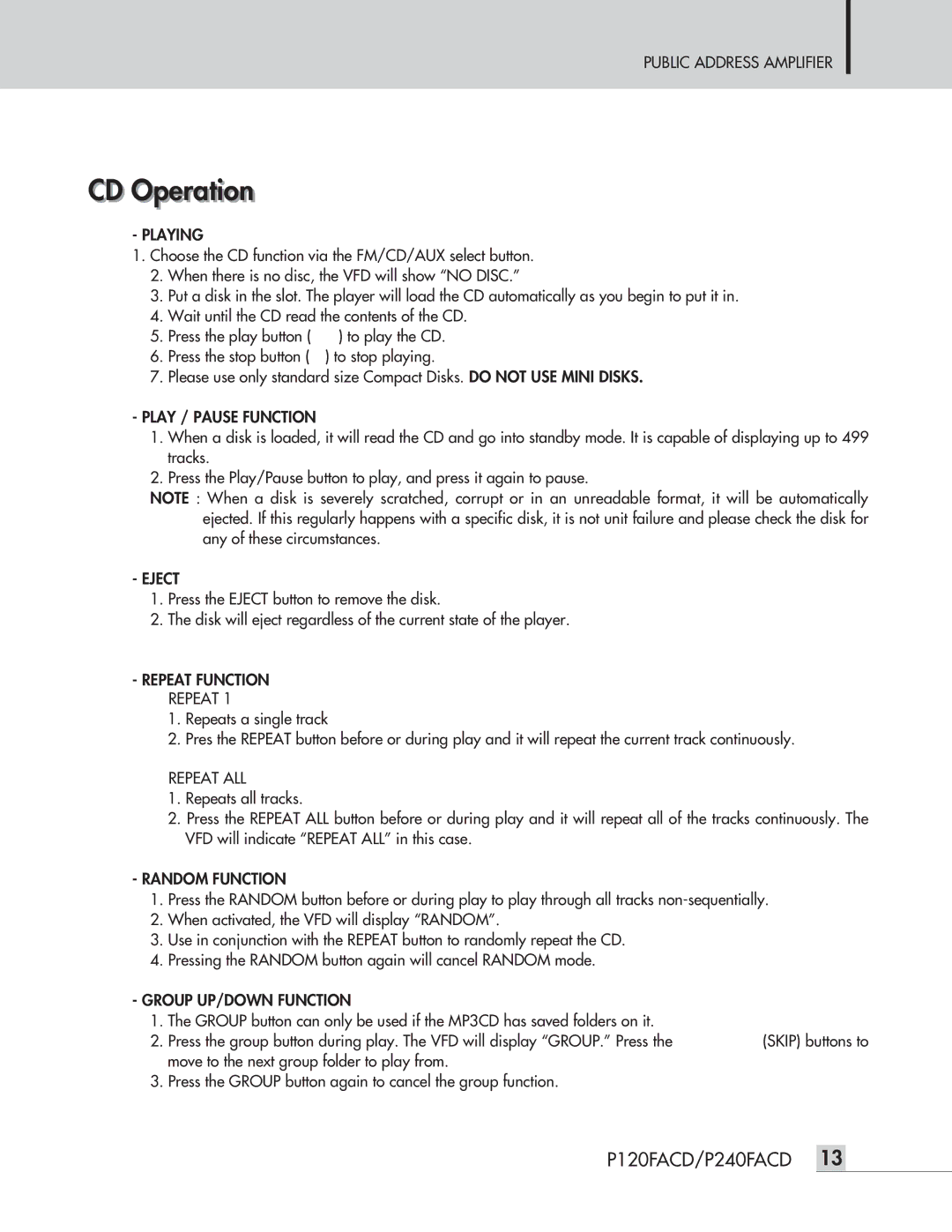 Speco Technologies P120FACD/P240FACD operation manual CD Operationti 