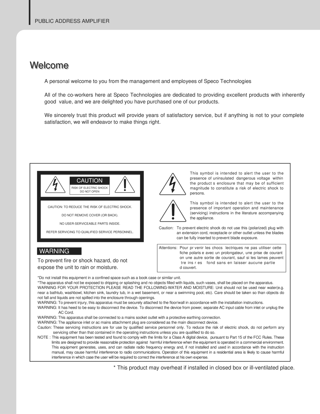 Speco Technologies P120FACD/P240FACD operation manual Welcomel, Public Address Amplifier 