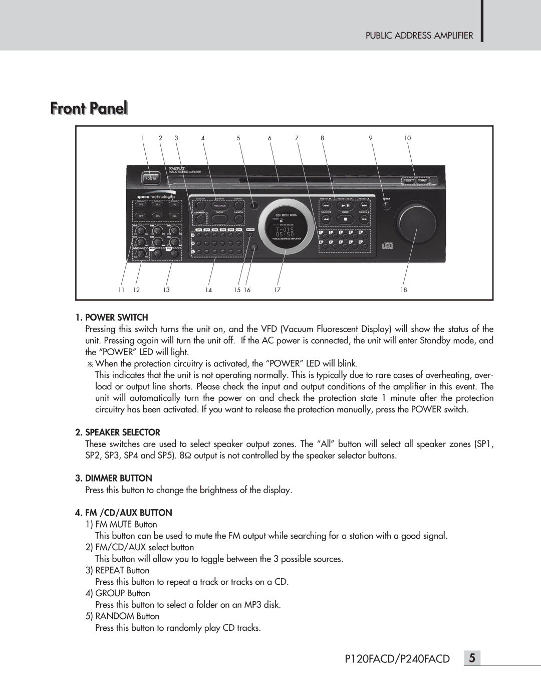 Speco Technologies P120FACD/P240FACD Frontt Panell, Power Switch, Speaker Selector, Dimmer Button, FM /CD/AUX Button 