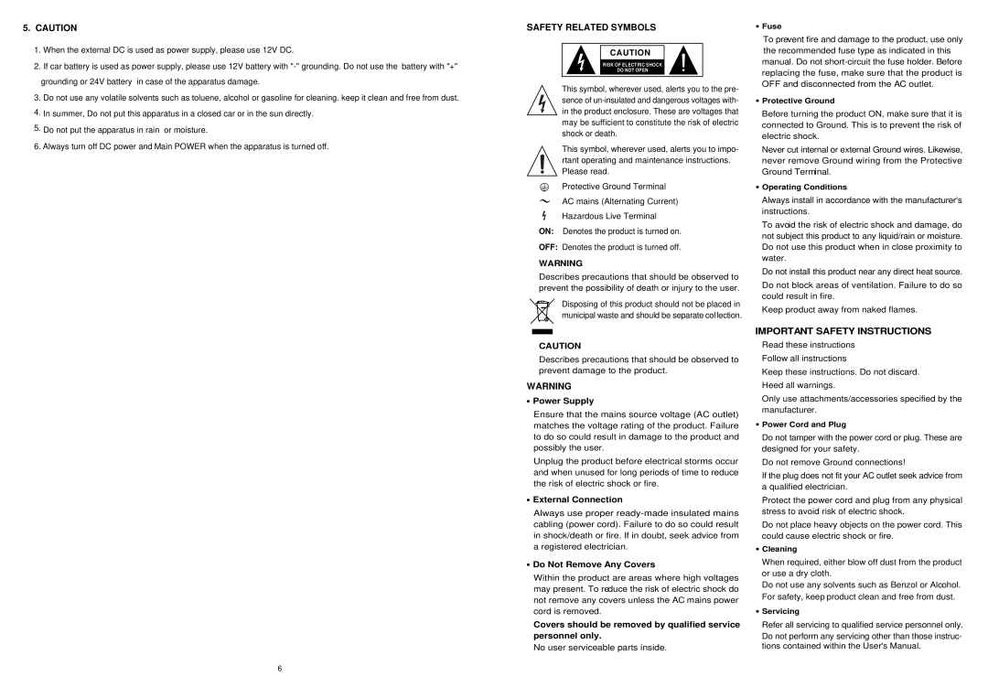 Speco Technologies PAW-80 Safety Related Symbols, Important Safety Instructions, Power Supply, External Connection 