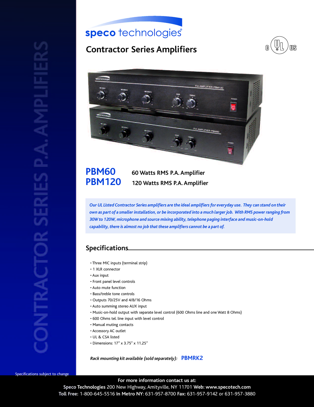 Speco Technologies PBM60 specifications PBM120, Specifications, Watts RMS P.A. Amplifier 