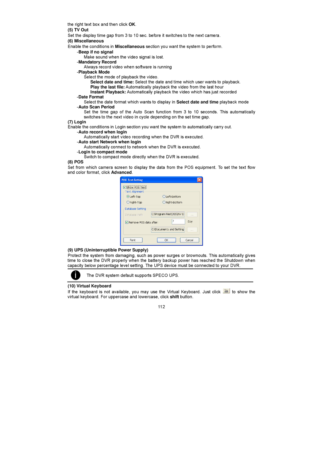 Speco Technologies PC Pro Series user manual TV Out, Pos, Virtual Keyboard 