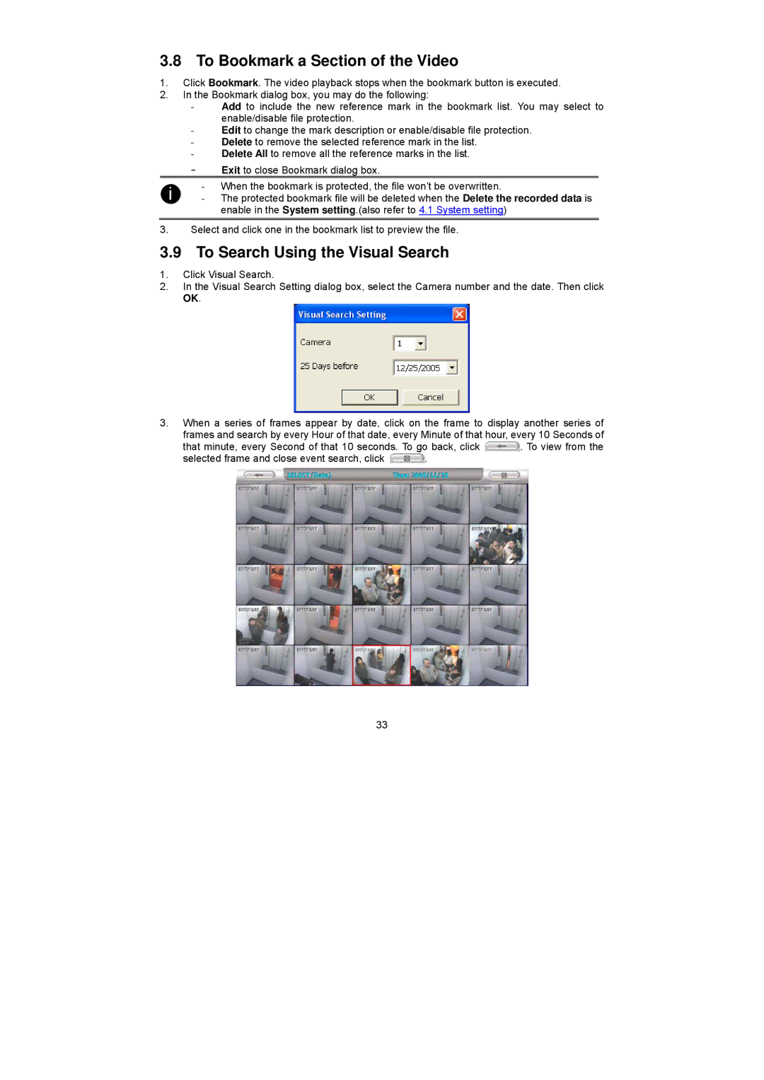 Speco Technologies PC Pro Series user manual To Bookmark a Section of the Video, To Search Using the Visual Search 