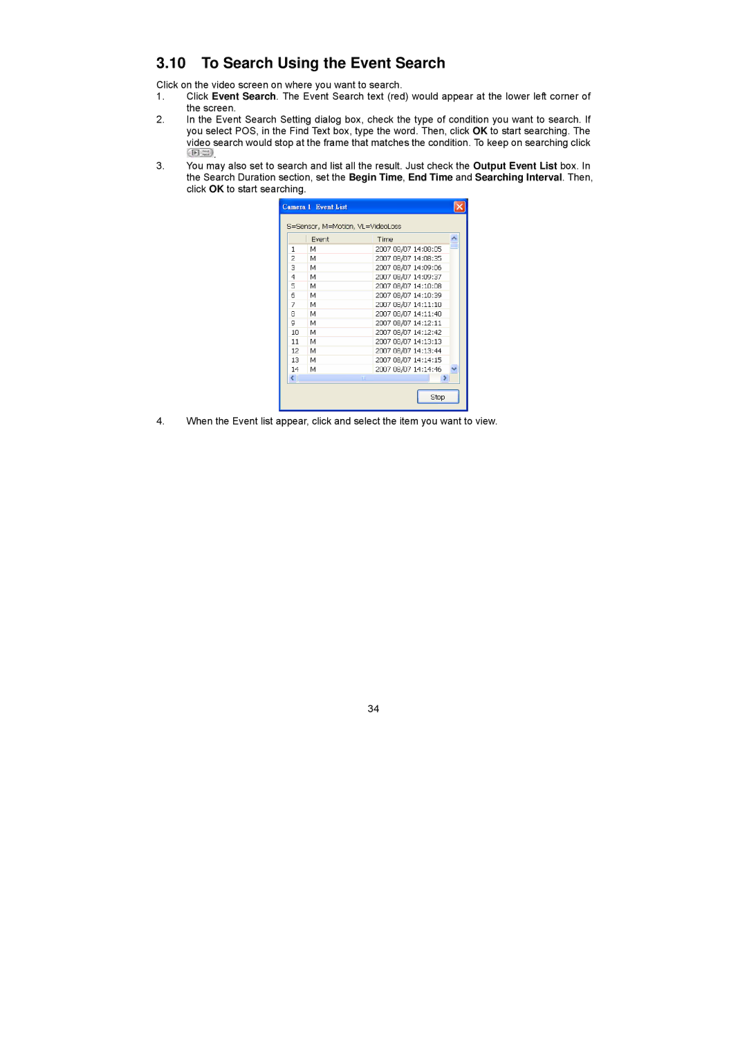 Speco Technologies PC Pro Series user manual To Search Using the Event Search 