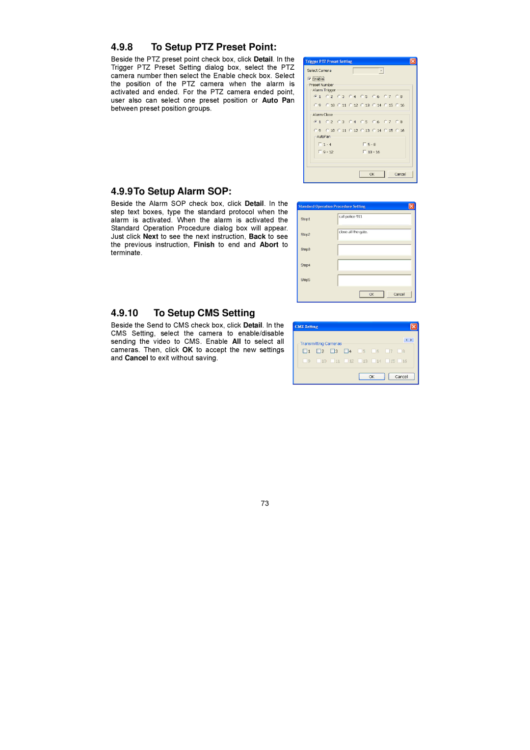 Speco Technologies PC Pro Series user manual To Setup PTZ Preset Point, 9To Setup Alarm SOP, To Setup CMS Setting 