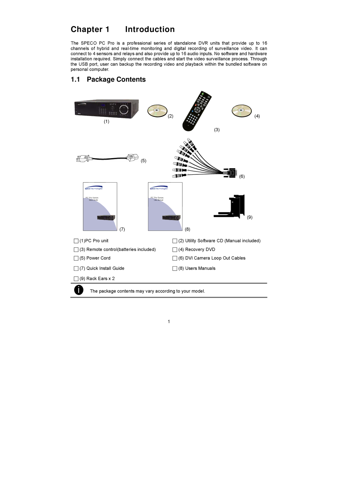 Speco Technologies PC Pro Series user manual Chapter Introduction, Package Contents 