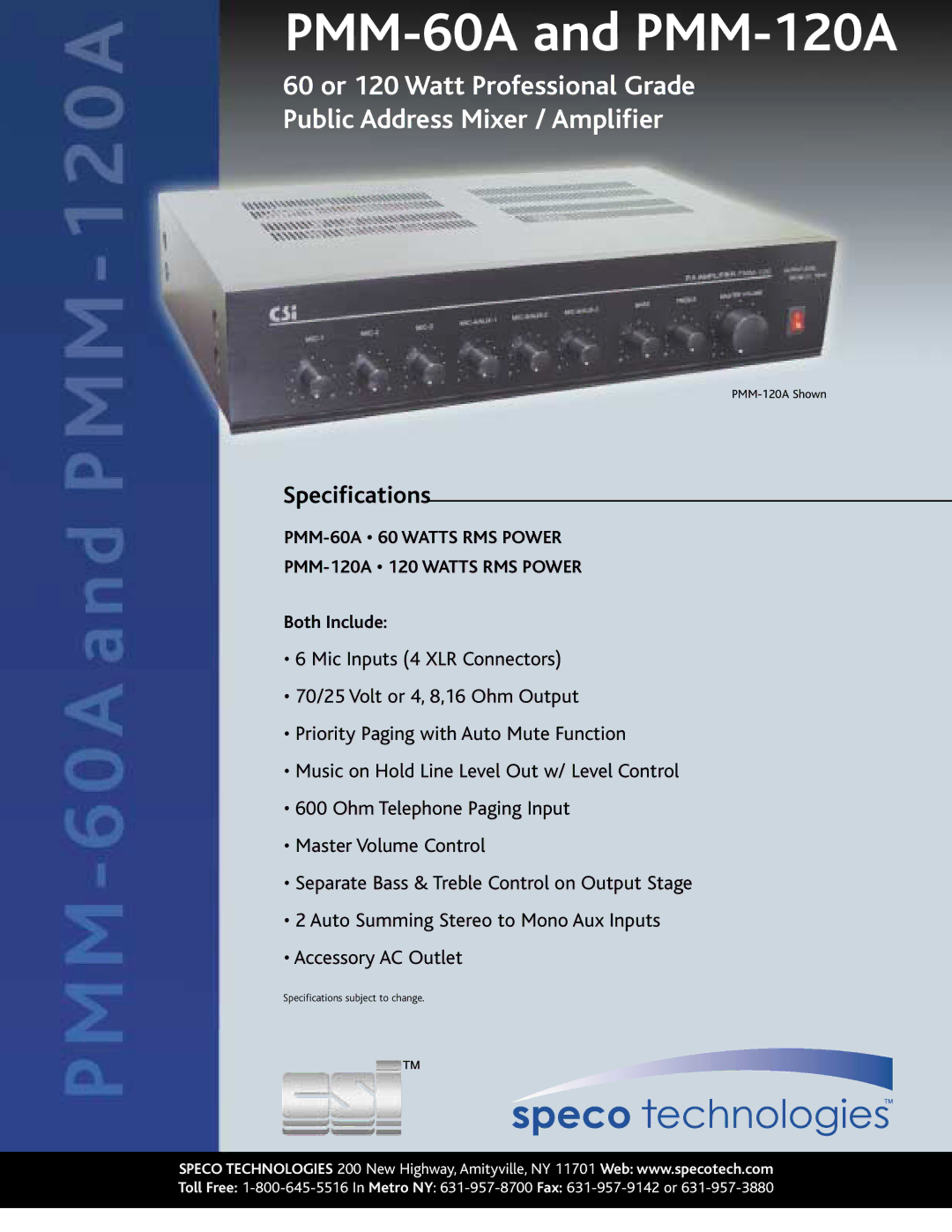 Speco Technologies specifications PMM-60A and PMM-120A, Specifications 