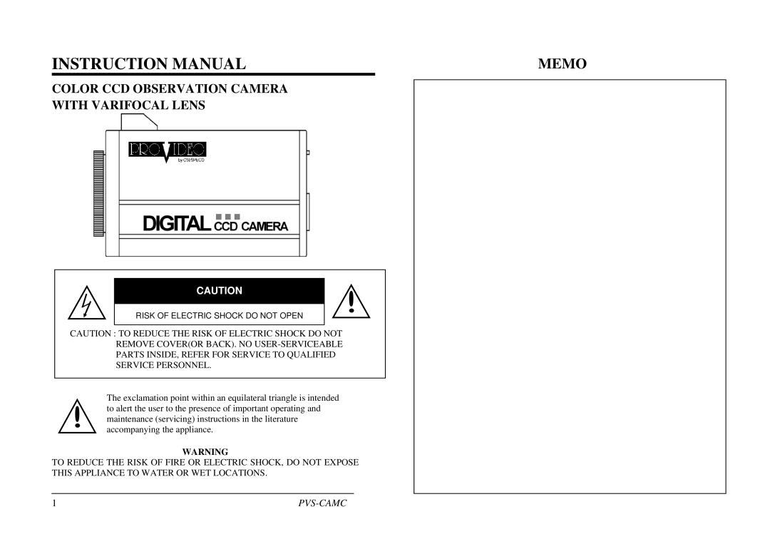 Speco Technologies PVS-CAMC operation manual Memo 