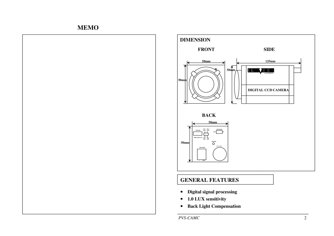 Speco Technologies PVS-CAMC operation manual General Features 