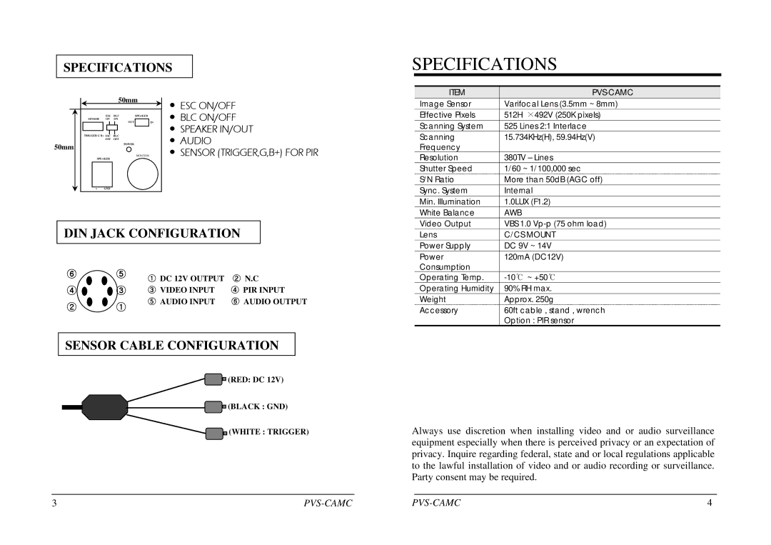 Speco Technologies PVS-CAMC operation manual Specifications 