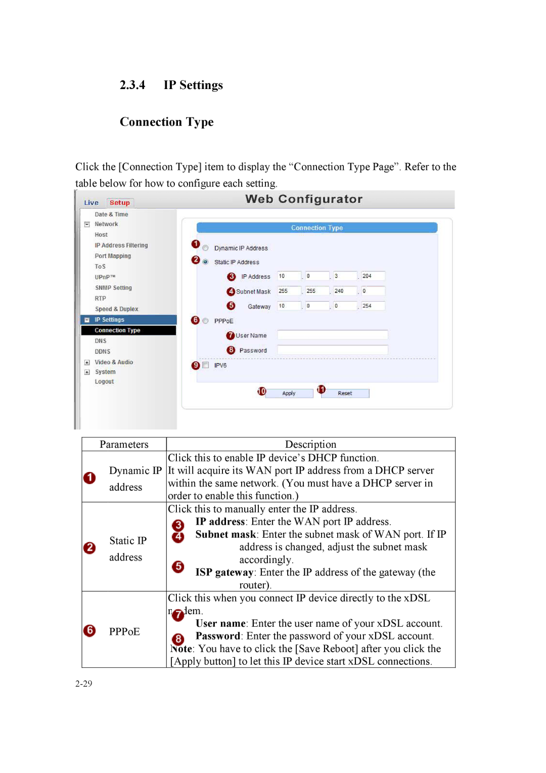 Speco Technologies SIPMPBVFH, SIPMPDVFH instruction manual IP Settings Connection Type 