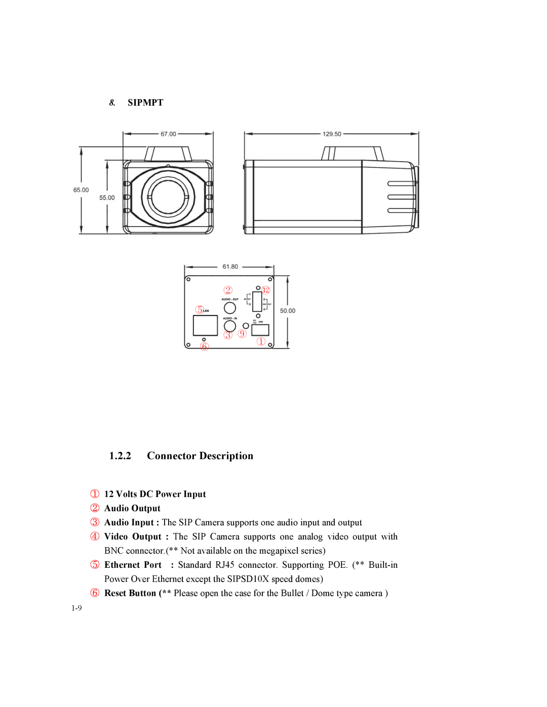 Speco Technologies SIPT5, SIPSD10X instruction manual Connector Description, ① 12 Volts DC Power Input ② Audio Output 