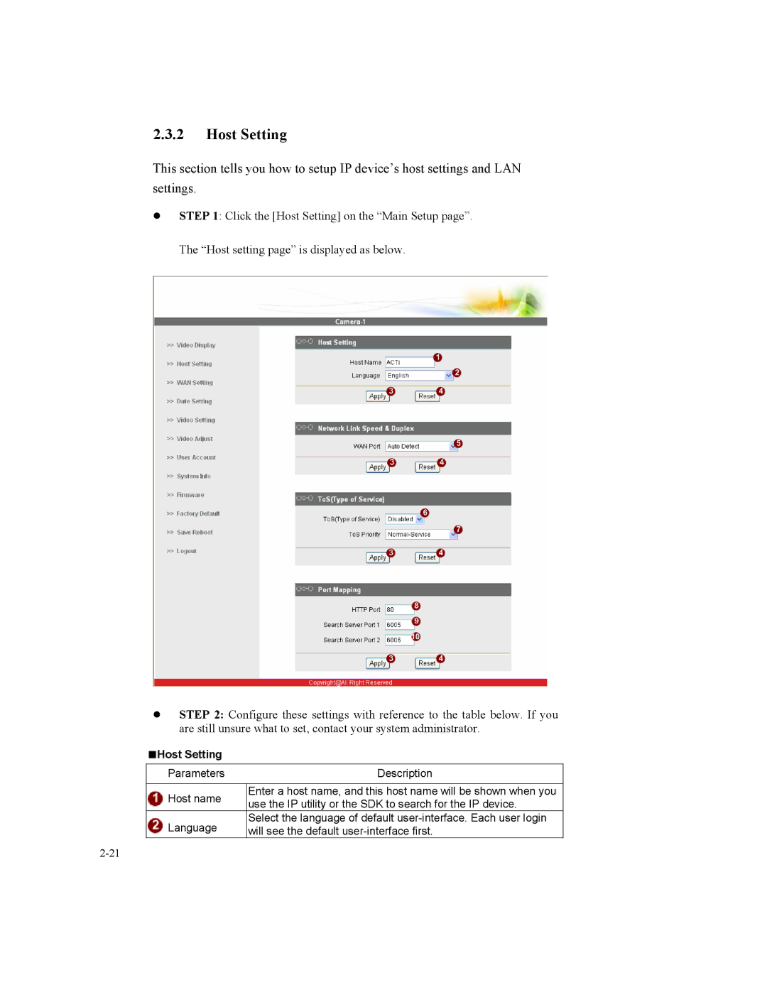 Speco Technologies SIPT5, SIPSD10X instruction manual Host Setting 