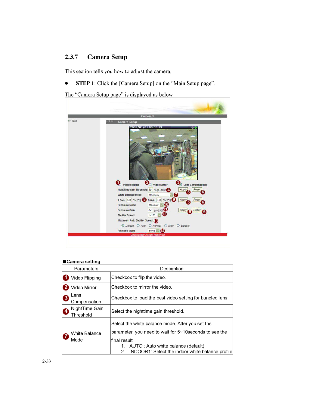 Speco Technologies SIPT5, SIPSD10X instruction manual Camera Setup, Camera setting 