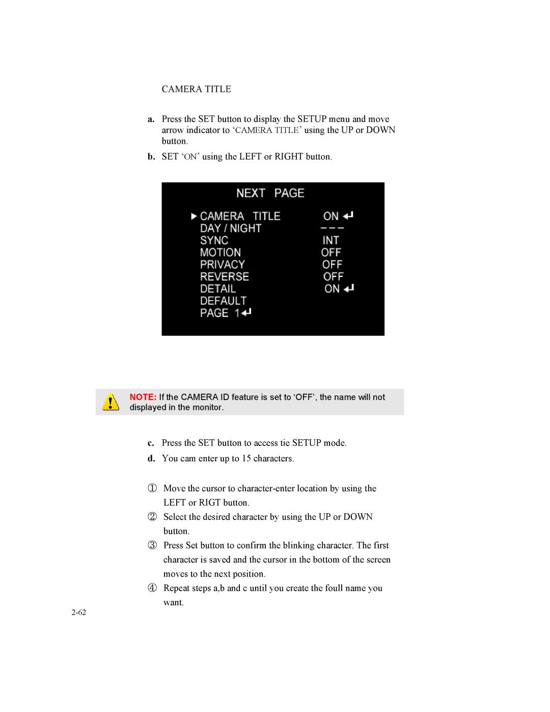 Speco Technologies SIPSD10X, SIPT5 instruction manual Camera Title 