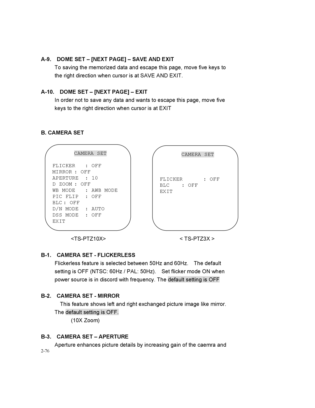 Speco Technologies SIPSD10X, SIPT5 Dome SET Next page Save and Exit, Dome SET Next page Exit, Camera SET Flickerless 