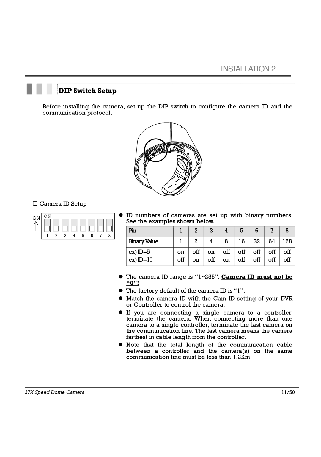 Speco Technologies HTSD37X, SIPSD37X specifications Installation, DIP Switch Setup 