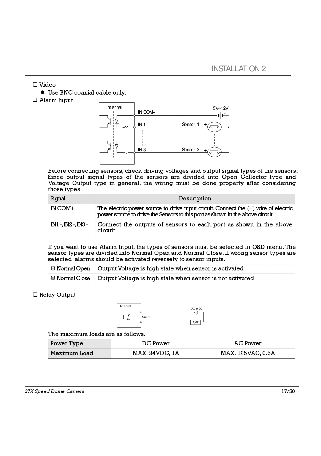 Speco Technologies HTSD37X, SIPSD37X specifications ‰ Video Use BNC coaxial cable only ‰ Alarm Input, Com+, Circuit 