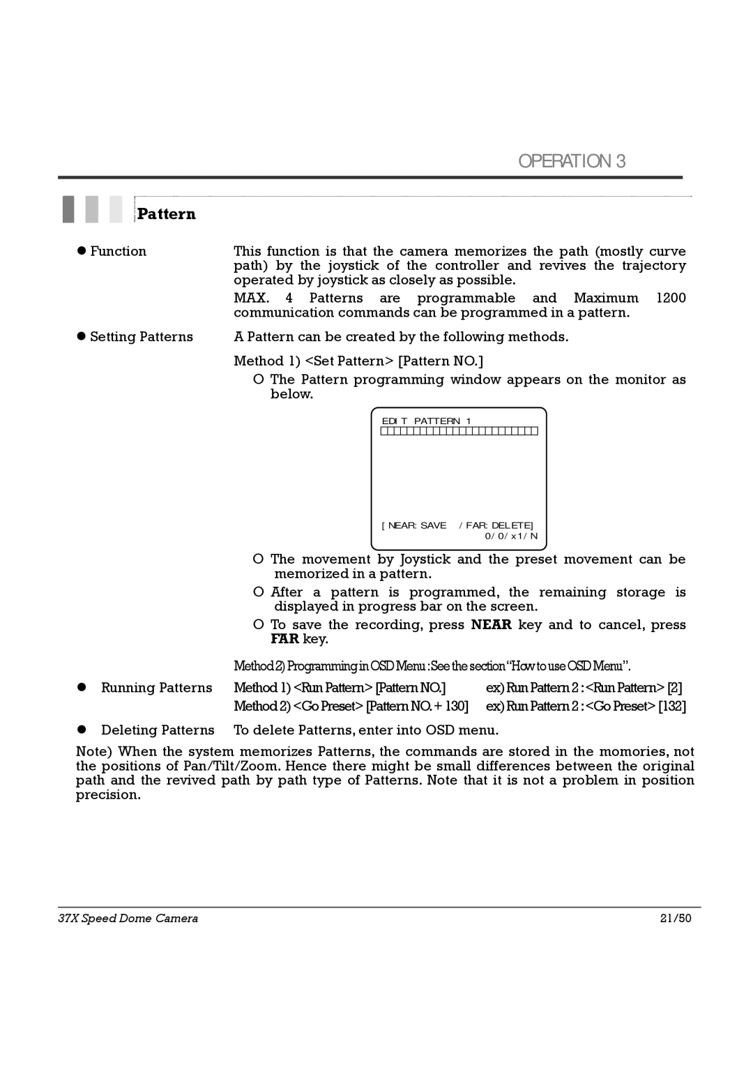 Speco Technologies HTSD37X, SIPSD37X specifications Running Patterns Method1Run PatternPattern no 