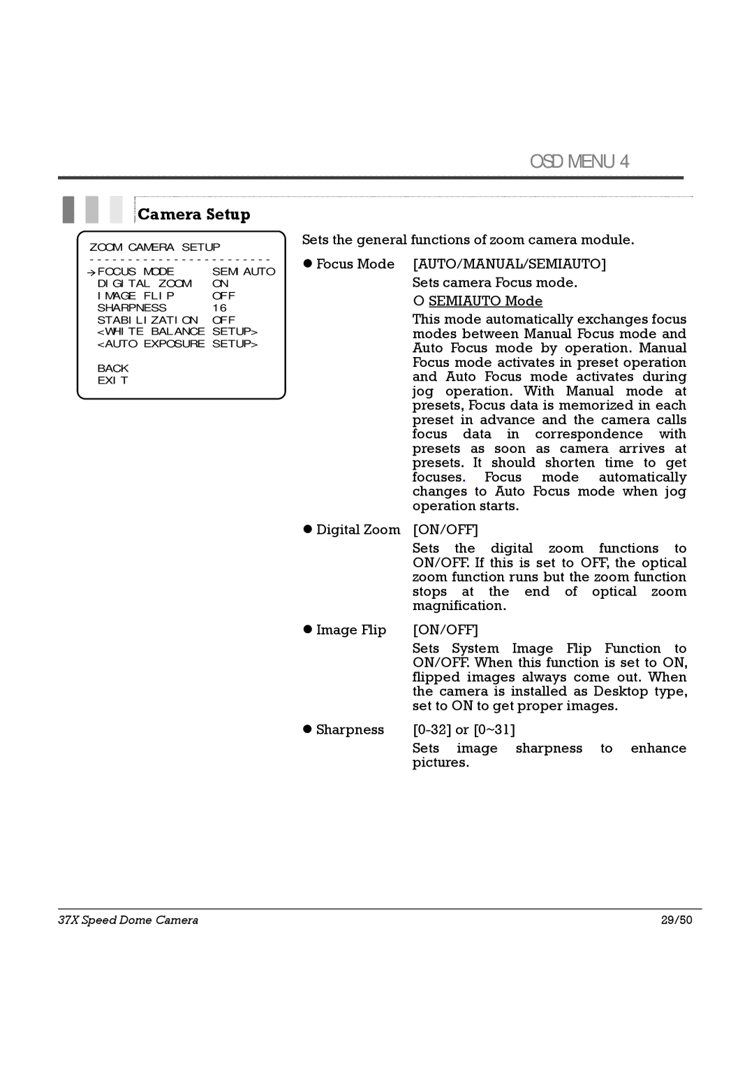 Speco Technologies HTSD37X, SIPSD37X specifications Camera Setup 