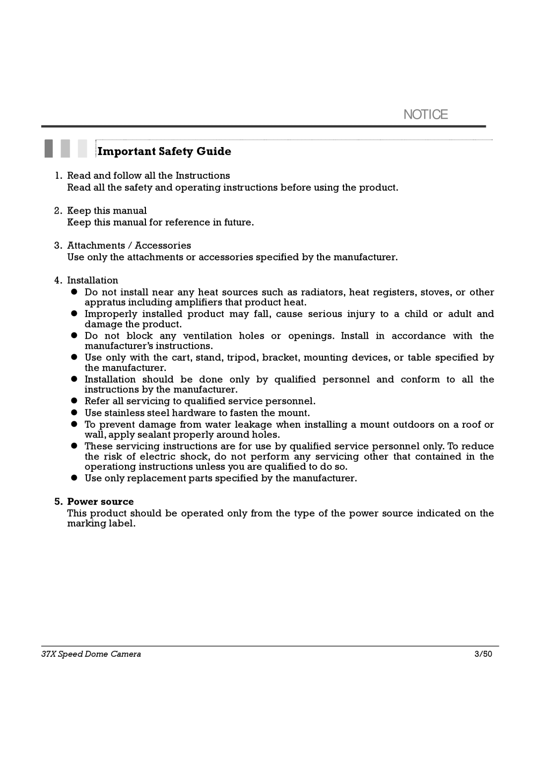 Speco Technologies HTSD37X, SIPSD37X specifications Important Safety Guide, Power source 