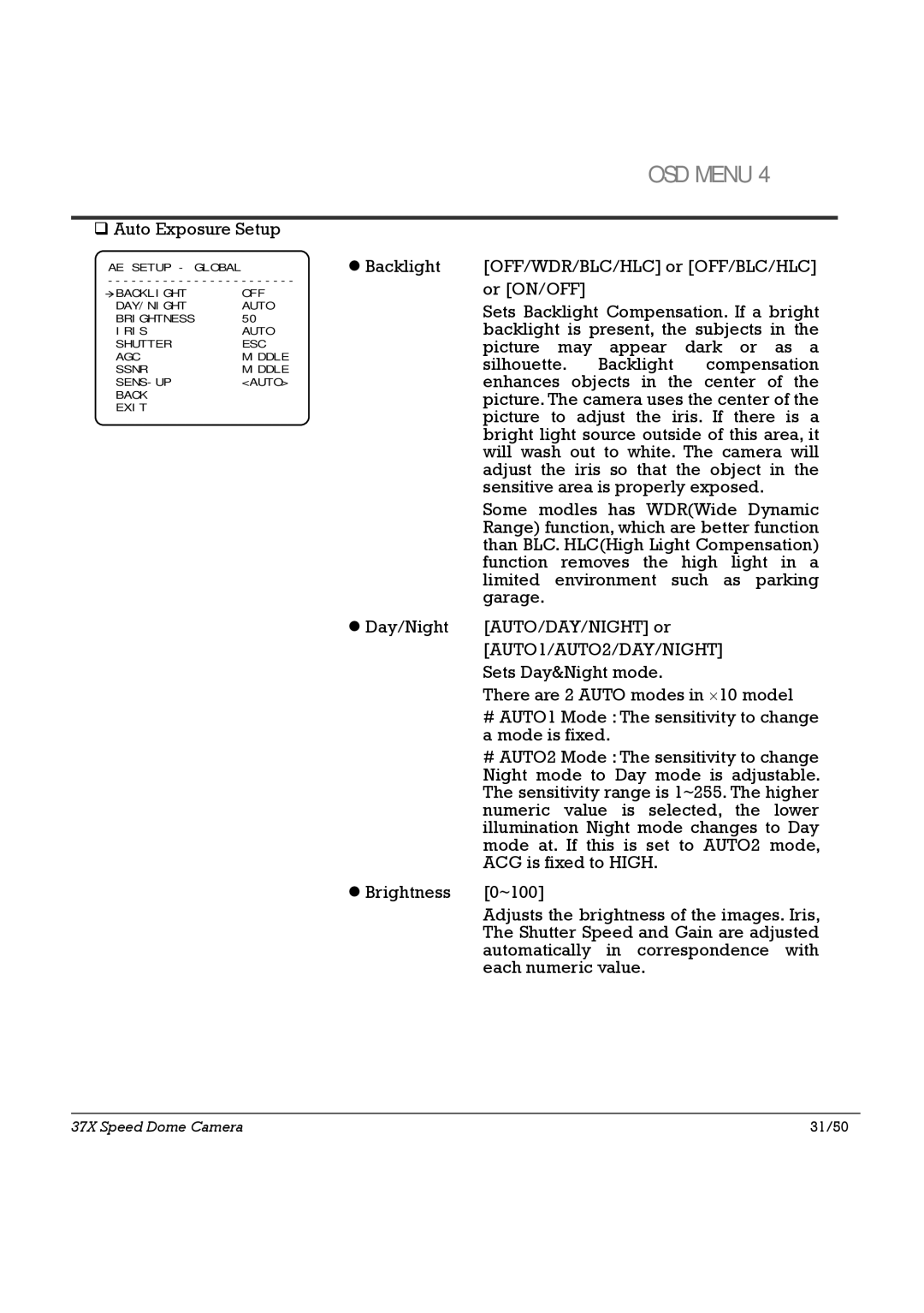 Speco Technologies HTSD37X, SIPSD37X specifications AUTO1/AUTO2/DAY/NIGHT 