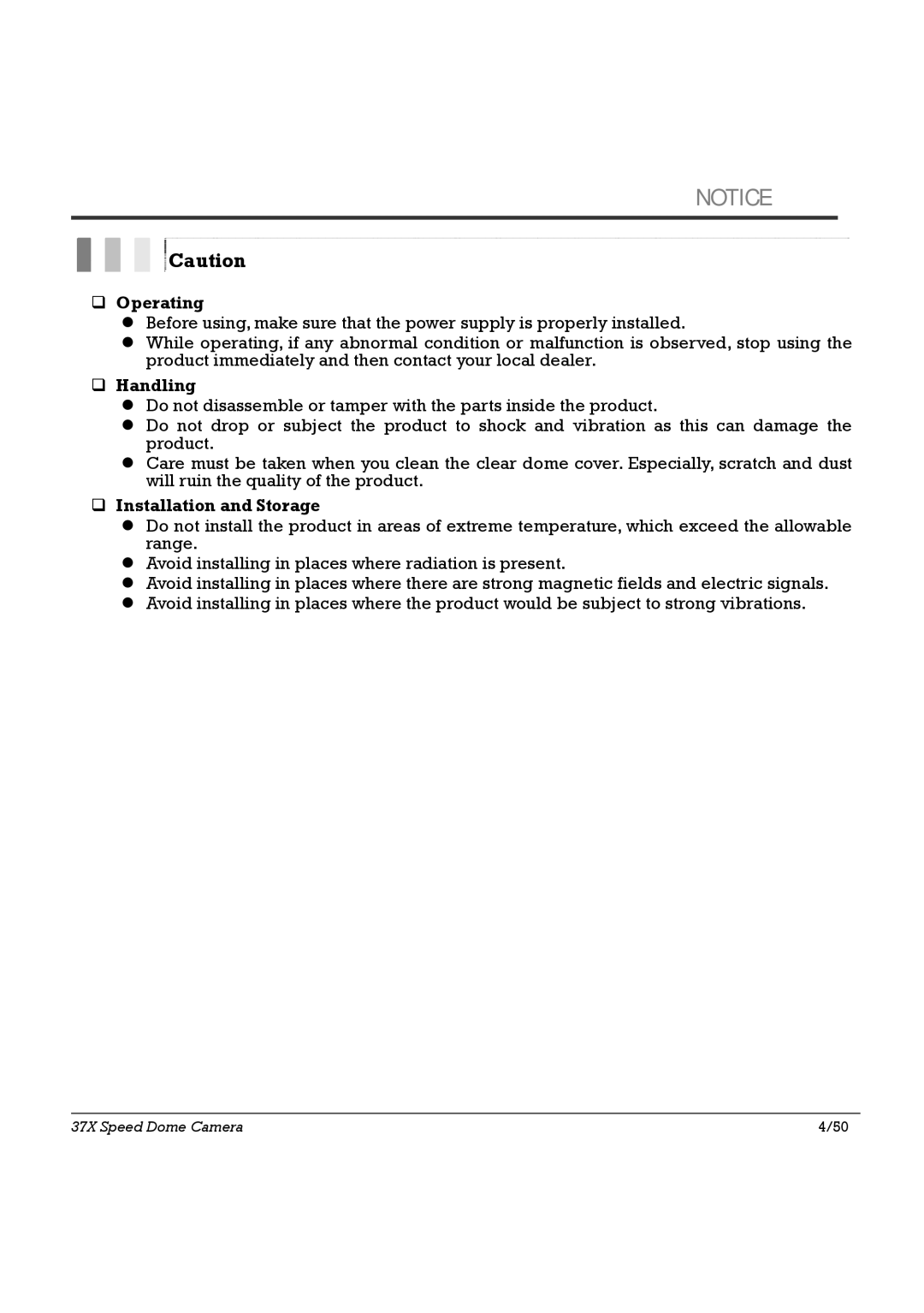 Speco Technologies SIPSD37X, HTSD37X specifications ‰ Operating, ‰ Handling, ‰ Installation and Storage 